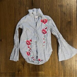Morena Striped Blouse Blue and White with Floral Embroidery Bell Sleeves Size XS